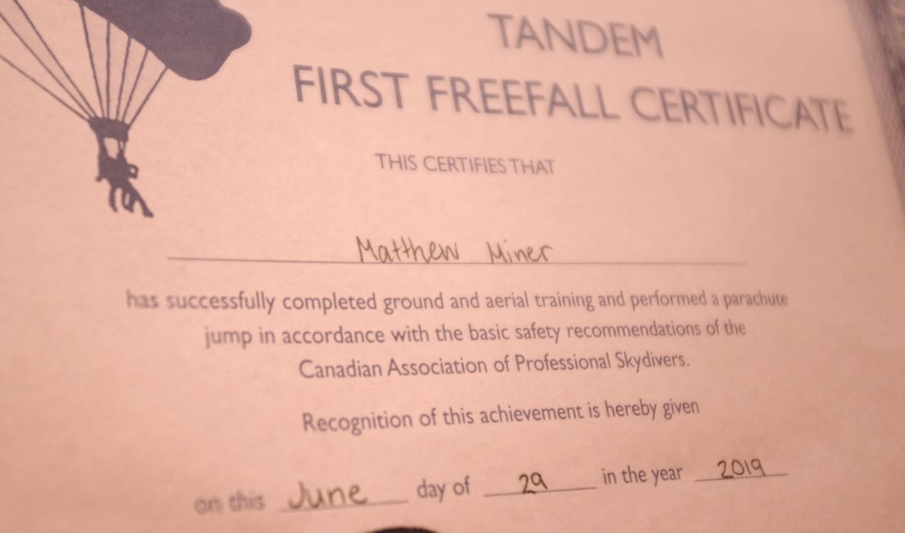 Skydiving first jump certificate