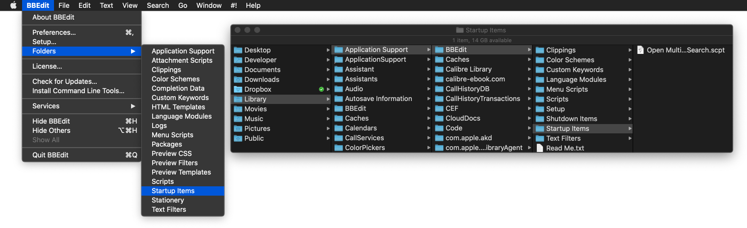BBEdit Startup Items menu and folder