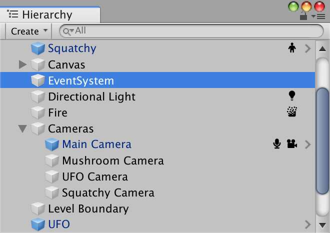 Unity Hierarchy window with icons