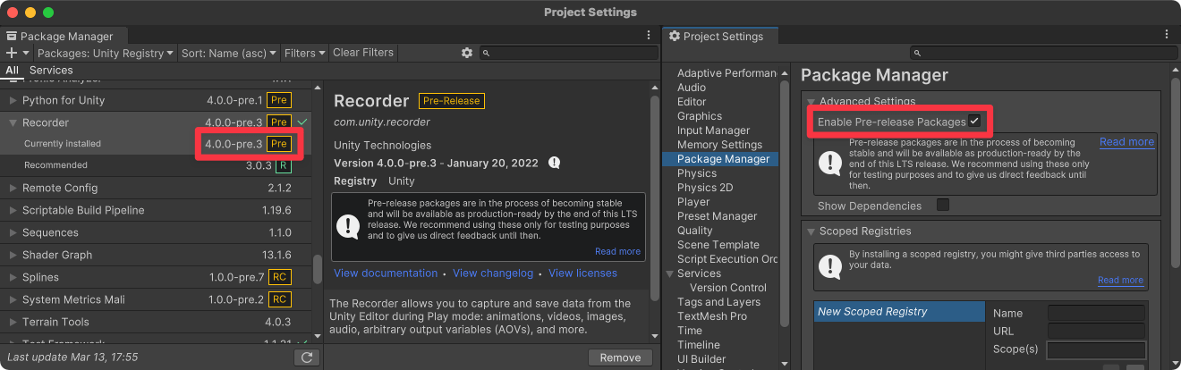 Recorder pre-release in Unity's package manager