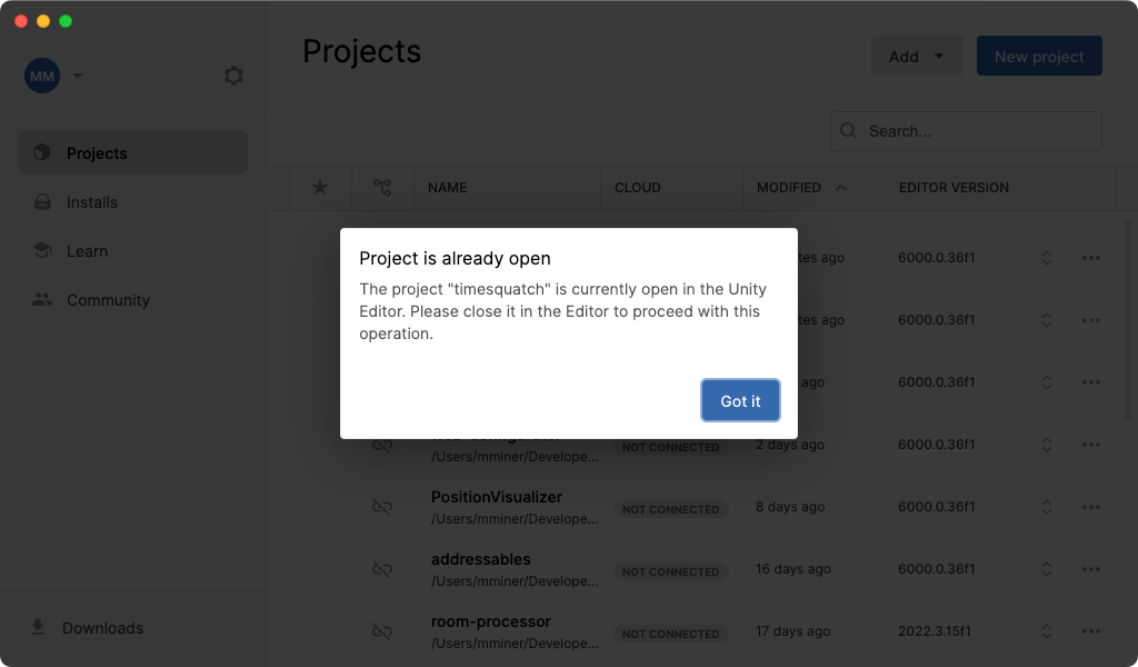 Unity Hub "Project is already open"