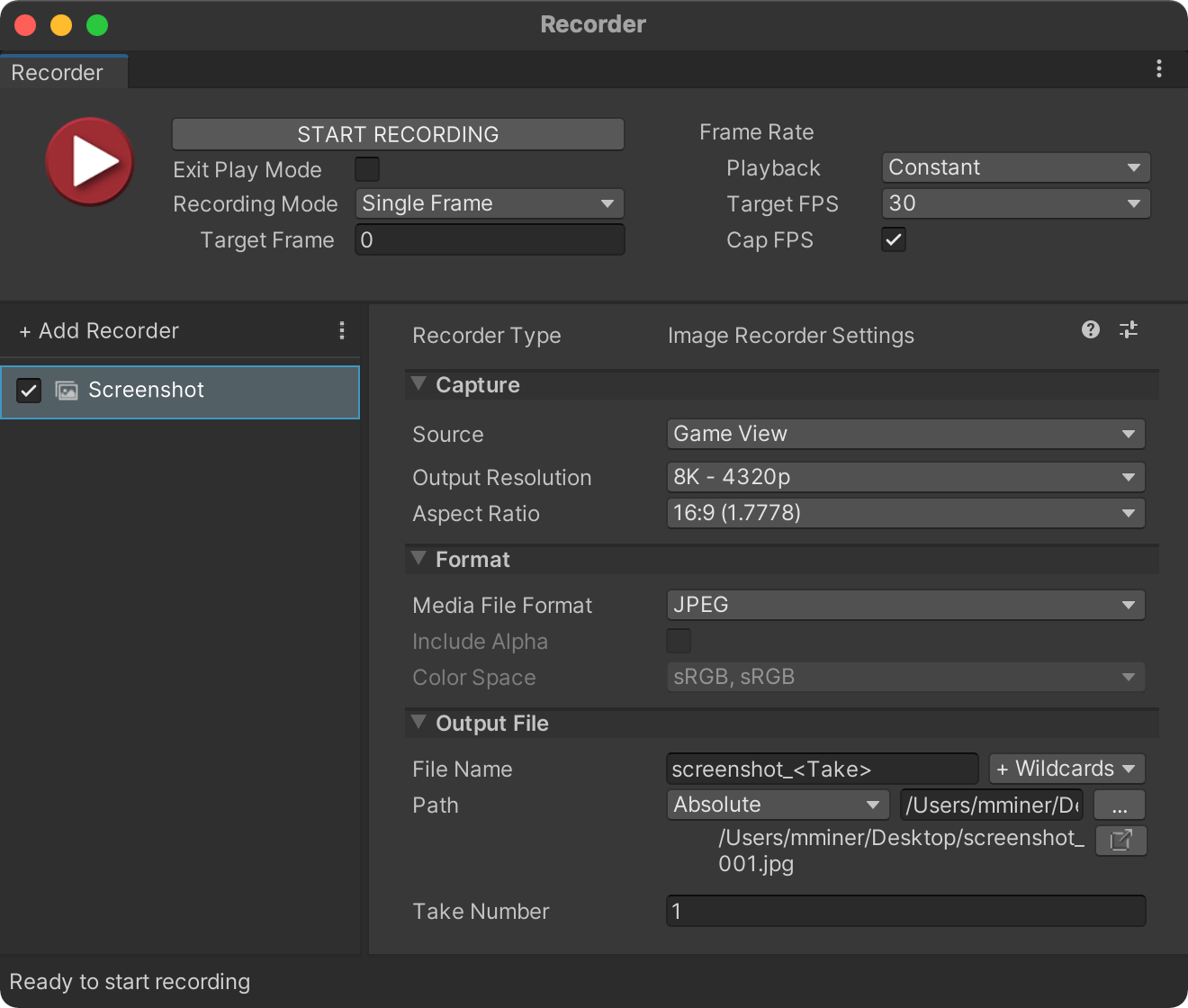 Unity Recorder configured for screenshot